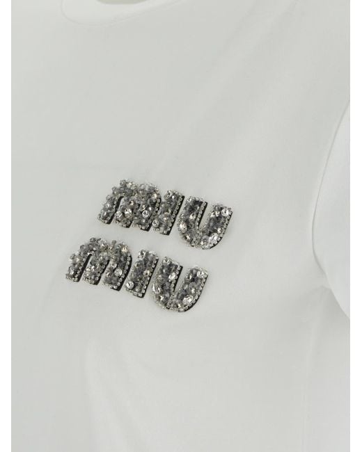 Miu Miu Logo Rhinestones White T-shirt | Lyst