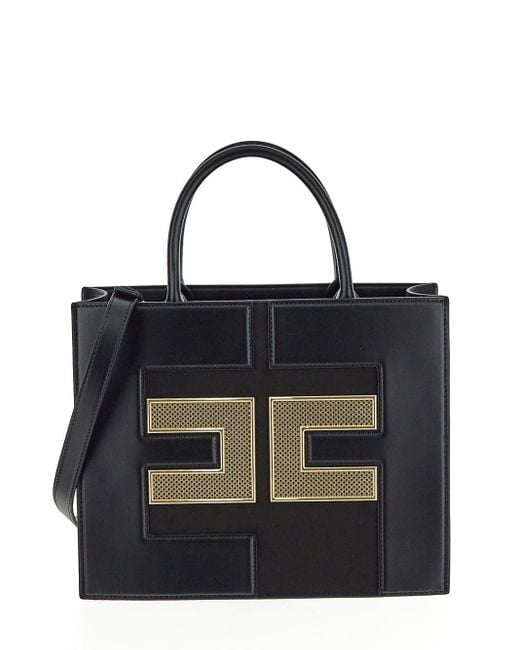 Elisabetta Franchi Metallic Embossed Logo Shopper Bag in Black Lyst