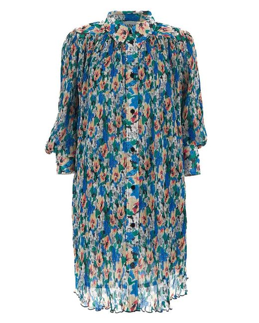 Ganni Synthetic Floral Gathered Dress in Blue - Lyst