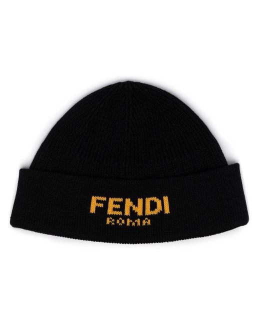 Fendi Black Logo Intarsia Knitted Beanie for men