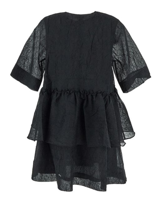 Ganni Black Crinkled Georgette Flounce Mini Dress