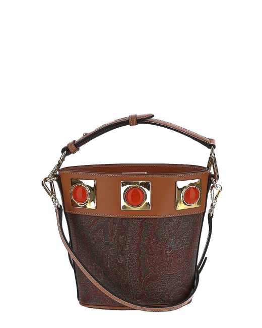 Etro Brown Paisley Crown Me Bucket Bag With Coral Studs