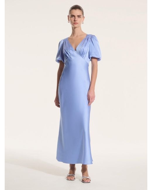 OMNES Blue Rosie Ruched Puff Sleeve Dress