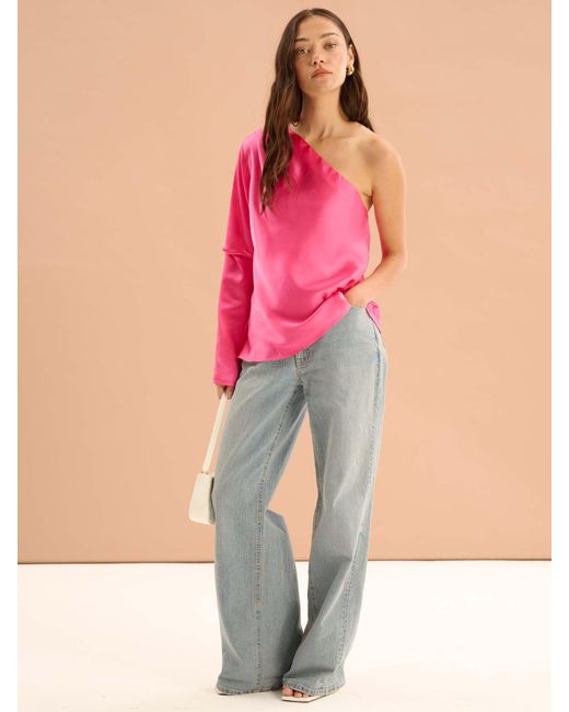 OMNES Pink Natalia One Shoulder Satin Top