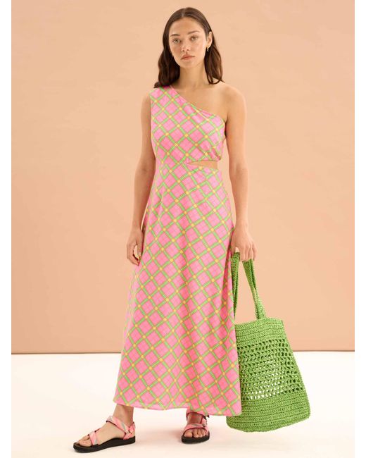 OMNES Natural Evaline Check Print One Shoulder Dress