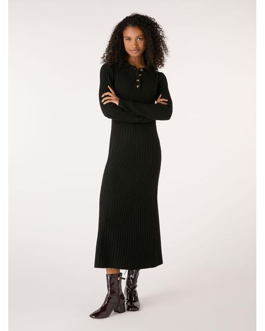 OMNES Black Henley Ribbed Placket Dress