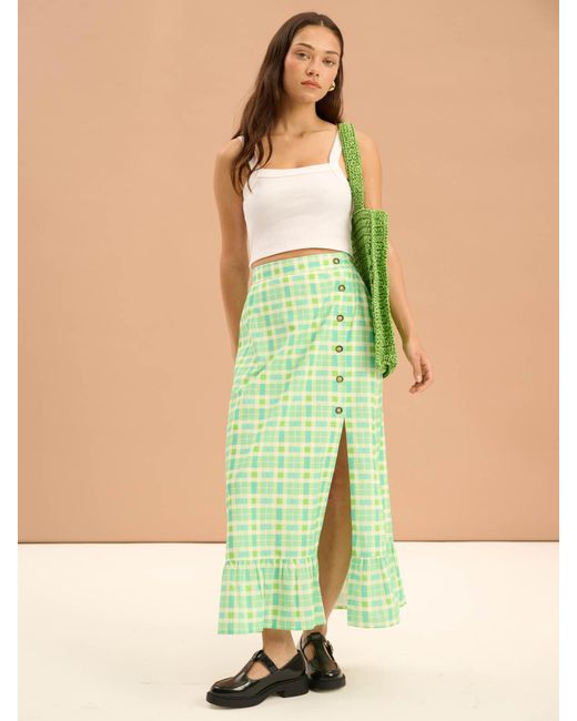 OMNES Green Adria Check Print Side Button Frill Hem Skirt