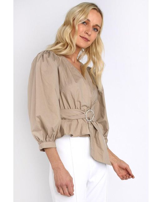 Babez London Natural Puff Sleeve Belted Wrap Top