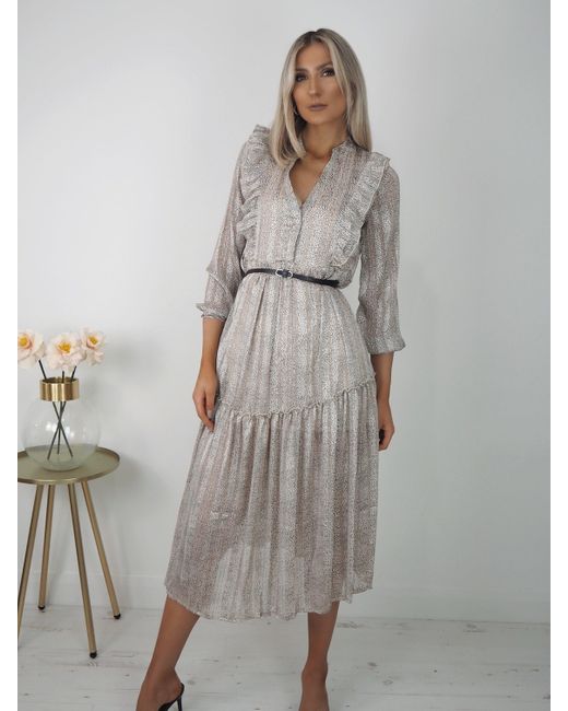 Ontrend Gray Alma Cream Print Midi Dress