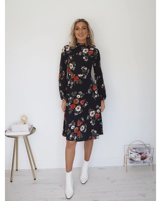 Ontrend Multicolor Sofia Navy And Red Floral Long Sleeve Midi Dress