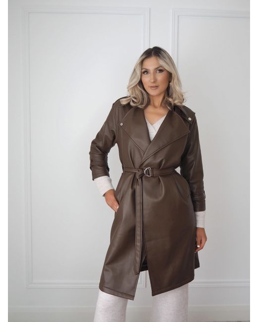 Ontrend Brown Faux Leather Trench Coat