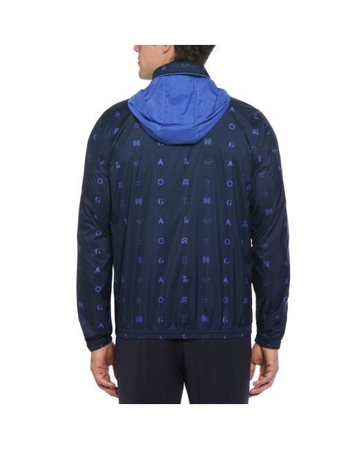 Original Penguin Blue Logo Print Golf Wind Jacket With Hidden Hood In Black Iris for men