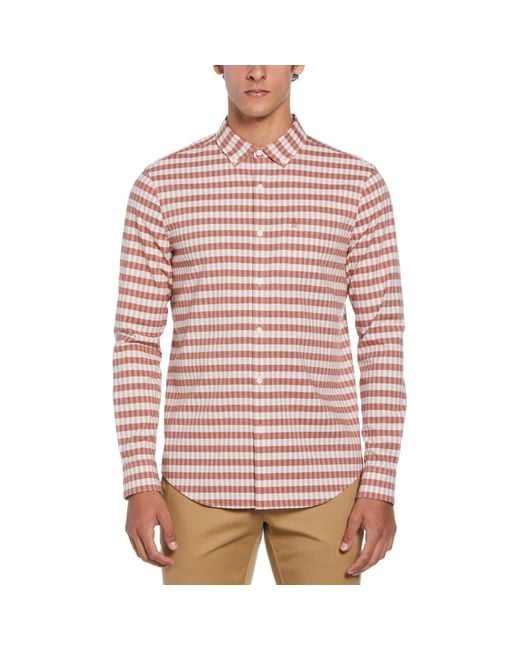 Original Penguin Pink Eco Chambray Stretch Plaid Shirt In Ginger Bread for men