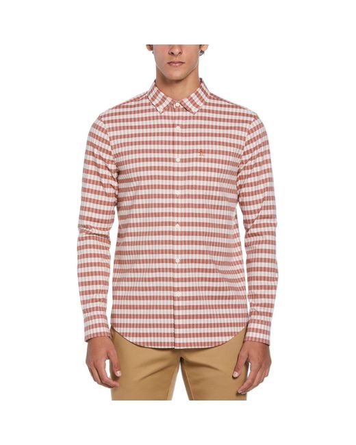 Original Penguin Pink Long Sleeve Eco Chambray Stretch Plaid Shirt In Ginger Bread for men