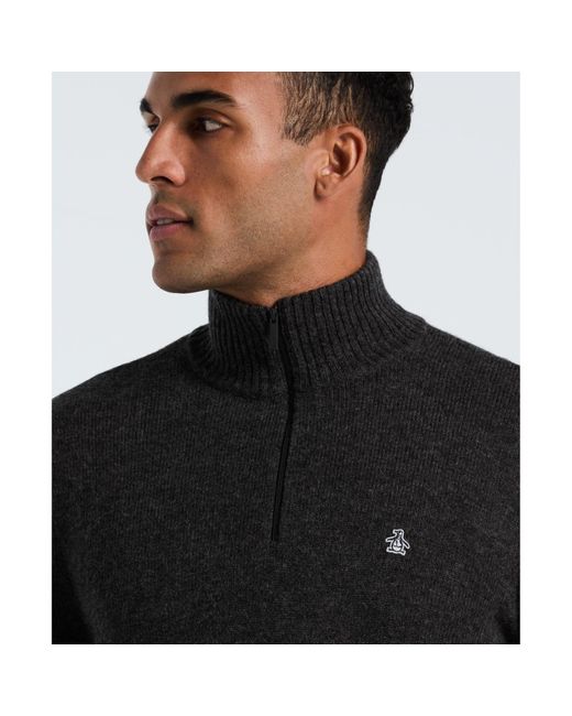 Original Penguin Black Lambswool Quarter Zip Sweater In Dark Charcoal Heather for men