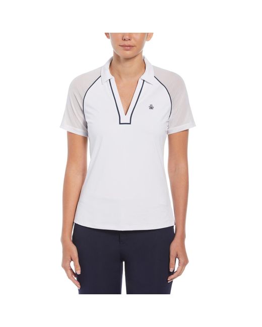 Original Penguin Women's V-neck Mesh Block Short Sleeve Golf Polo Shirt With Contrast Piping In Bright White for men