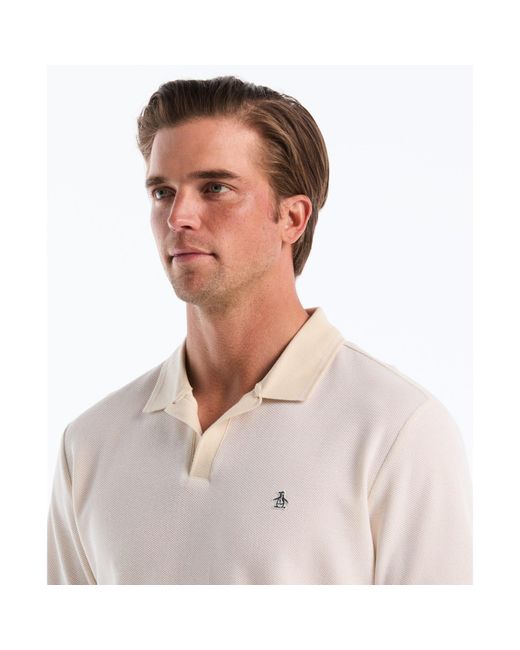 Original Penguin White Honeycomb Textured Johnny Collar Polo Shirt In Birch for men