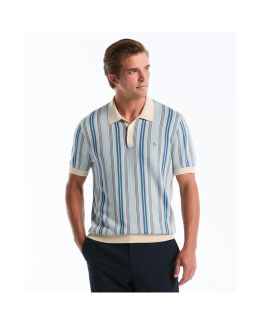 Original Penguin Blue Jacquard Vertical Stripe Sweater Polo In Birch for men