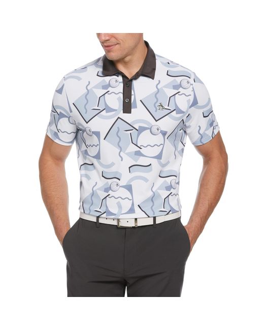 Original Penguin Blue Abstract 80s Print Blocked Short Sleeve Golf Polo Shirt In Bright White for men