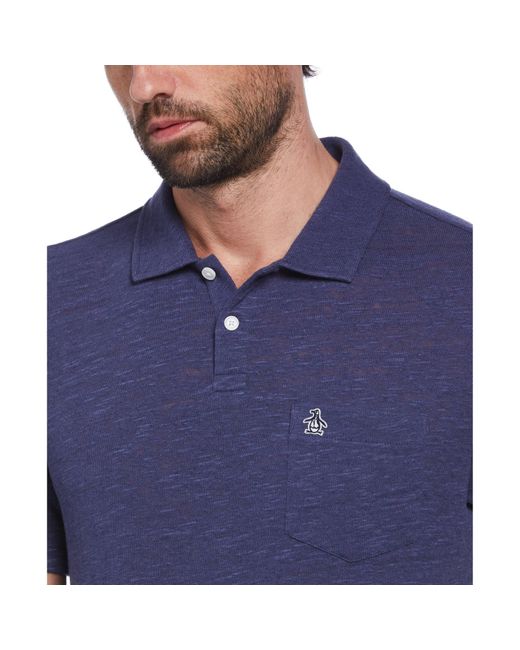 Original Penguin Linen Cotton Slub Short Sleeve Polo Shirt In Blue Indigo for men