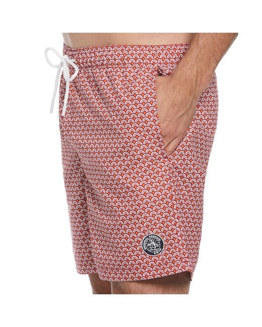 Original Penguin Pink Geo Wave Print Swim Shorts In Red Dahlia for men