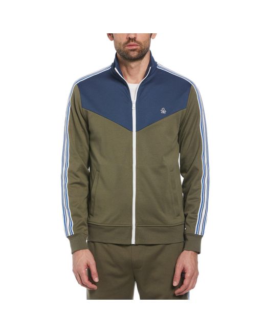 Original Penguin Green Chevron Double Knit Track Jacket In Dusty Olive for men