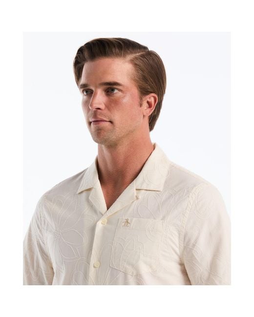Original Penguin White Floral Embroidered Short Sleeve Shirt In Birch for men