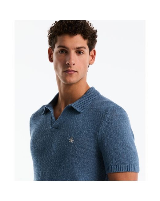 Original Penguin Textured Johnny Collar Sweater Polo In Copen Blue for men
