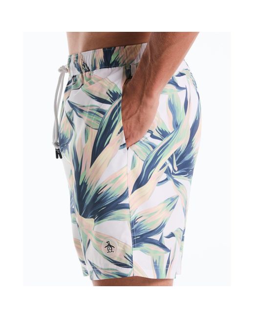 Original Penguin Blue Succulent Print Swim Shorts In Bright White for men