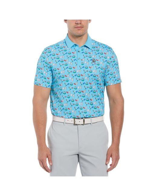 Original Penguin Martini Print Golf Polo Shirt In Blue Atoll for men