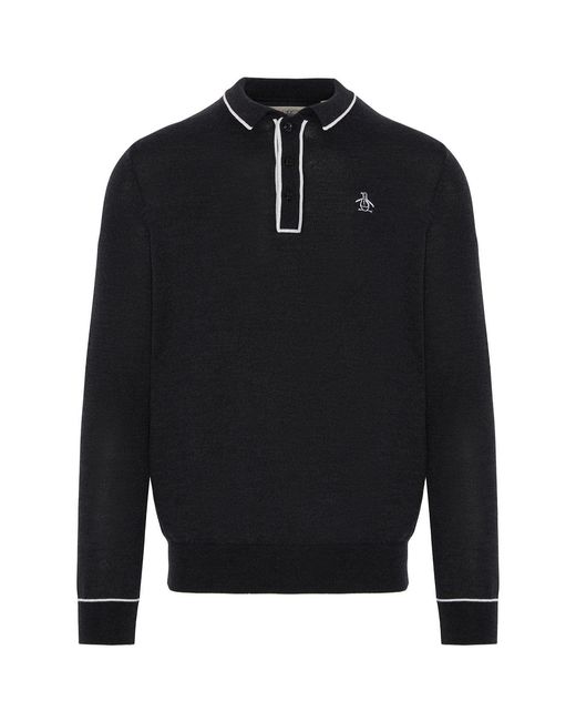 Original Penguin Black The Earl Merino Wool Blend Golf Sweater In Dark Caviar Heather for men