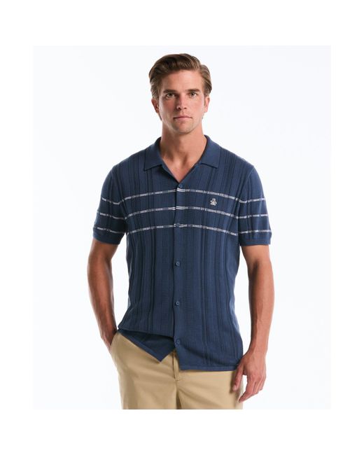 Original Penguin Blue Ribbed Button Front Sweater Polo In Sargasso Sea for men