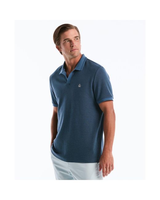 Original Penguin Honeycomb Textured Johnny Collar Polo Shirt In Copen Blue for men