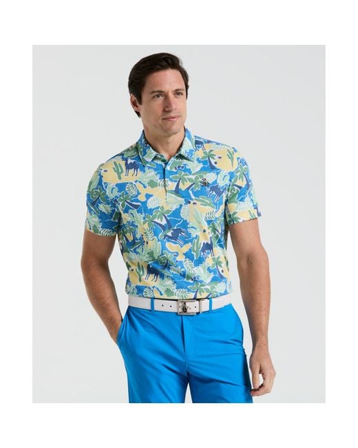 Original Penguin Blue All Over Ibiza Print Earl Golf Polo Shirt In Bright White for men