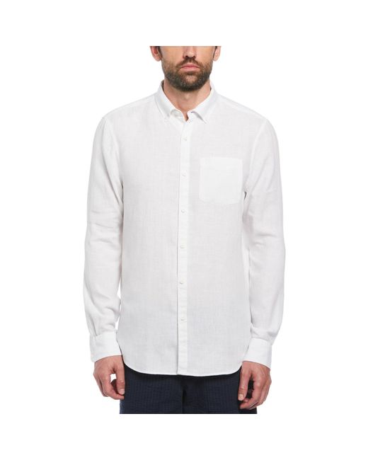 Original Penguin Delave Linen Long Sleeve Button-down Shirt In Bright White for men