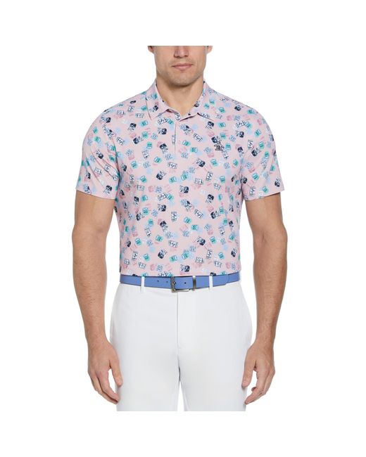 Original Penguin Blue All Over Pete's Travel Tags Print Golf Polo Shirt In Charm Pink for men