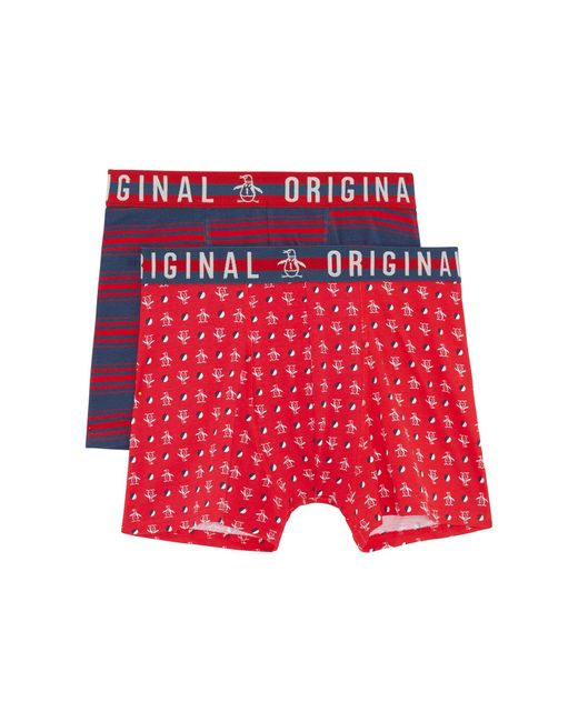 Original Penguin 2 Pack Stamp All Over Penguin Pete Print Underwear In Red And Navy for men