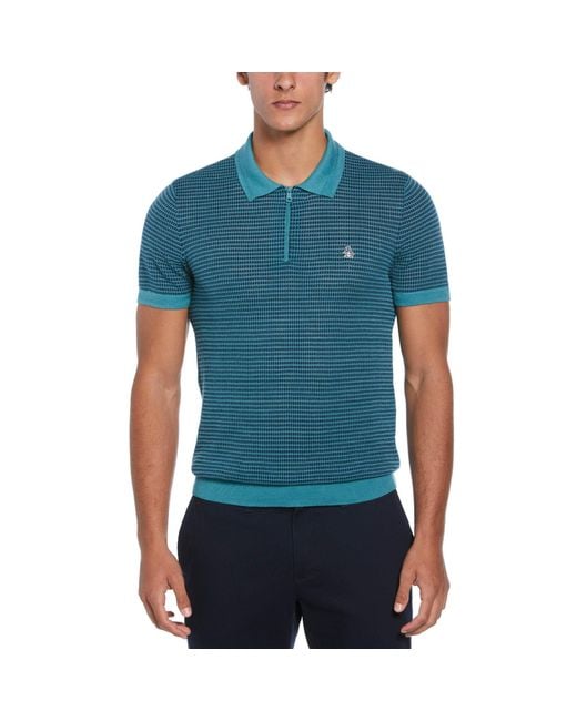 Original Penguin Blue All Over Jaquard 1/4 Zip Sweater Polo Shirt In Teal for men