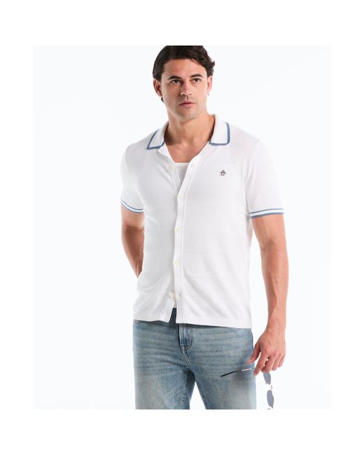 Original Penguin Seed Stitch Stripe Button Front Sweater Polo In Bright White for men