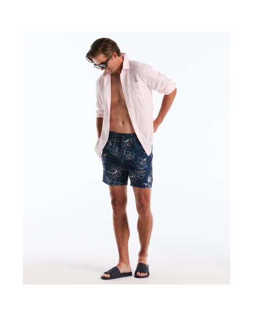 Original Penguin Blue Hibiscus Flower Print Swim Shorts In Sargasso Sea for men