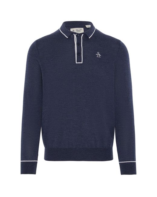 Original Penguin Blue The Earl Merino Wool Blend Golf Sweater In Black Iris Bijou Heather for men