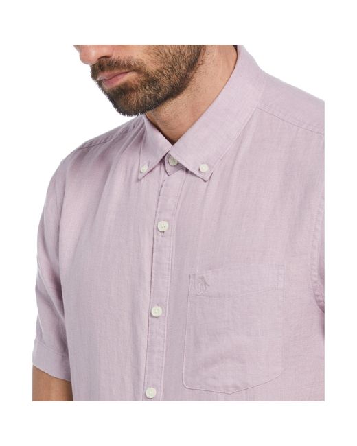 Original Penguin Purple Delave Linen Short Sleeve Button-down Shirt With Chest Pocket In Lavender Frost for men