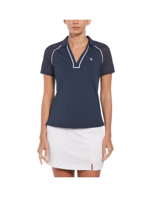 Original Penguin Blue Women's V-neck Mesh Block Short Sleeve Golf Polo Shirt With Contrast Piping In Black Iris for men