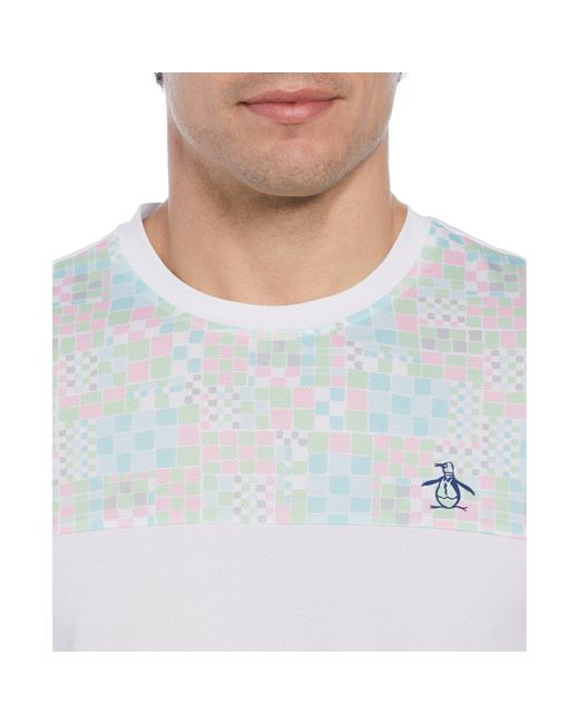 Original Penguin Blue Checkerboard Block Performance Short Sleeve Tennis T-shirt In Bright White for men