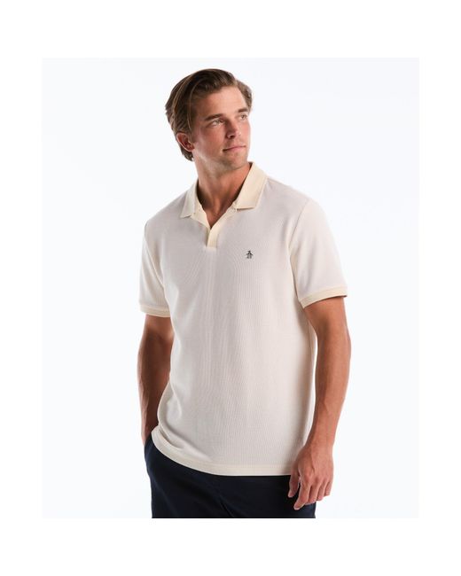 Original Penguin White Honeycomb Textured Johnny Collar Polo Shirt In Birch for men
