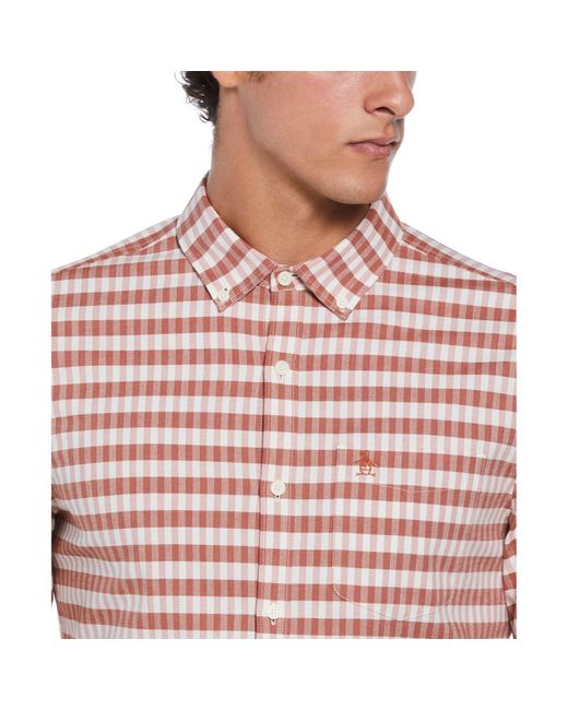 Original Penguin Pink Long Sleeve Eco Chambray Stretch Plaid Shirt In Ginger Bread for men