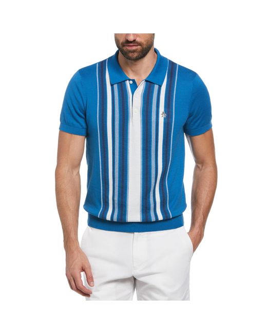 Original Penguin Cashmere Like Cotton Verticle Stripe Sweater Polo Shirt In Vallarta Blue for men