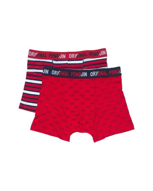 Original Penguin 2 Pack Penguin Print & Striped Underwear In Red for men