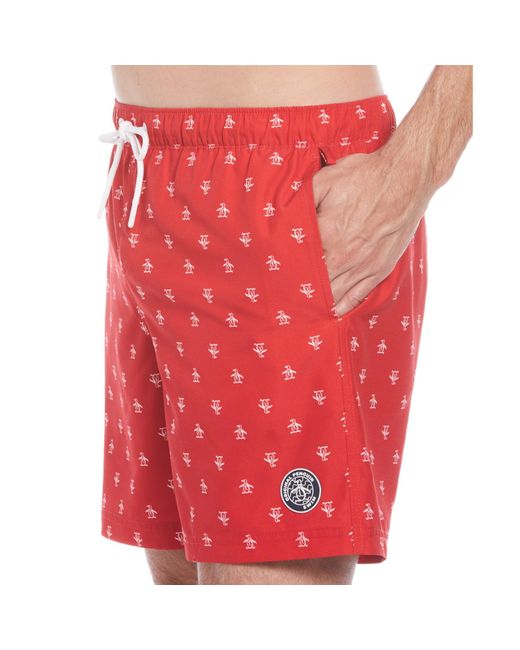Original Penguin Red Repete Print Swim Shorts In Salsa for men