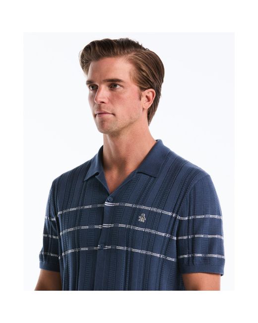 Original Penguin Blue Ribbed Button Front Sweater Polo In Sargasso Sea for men